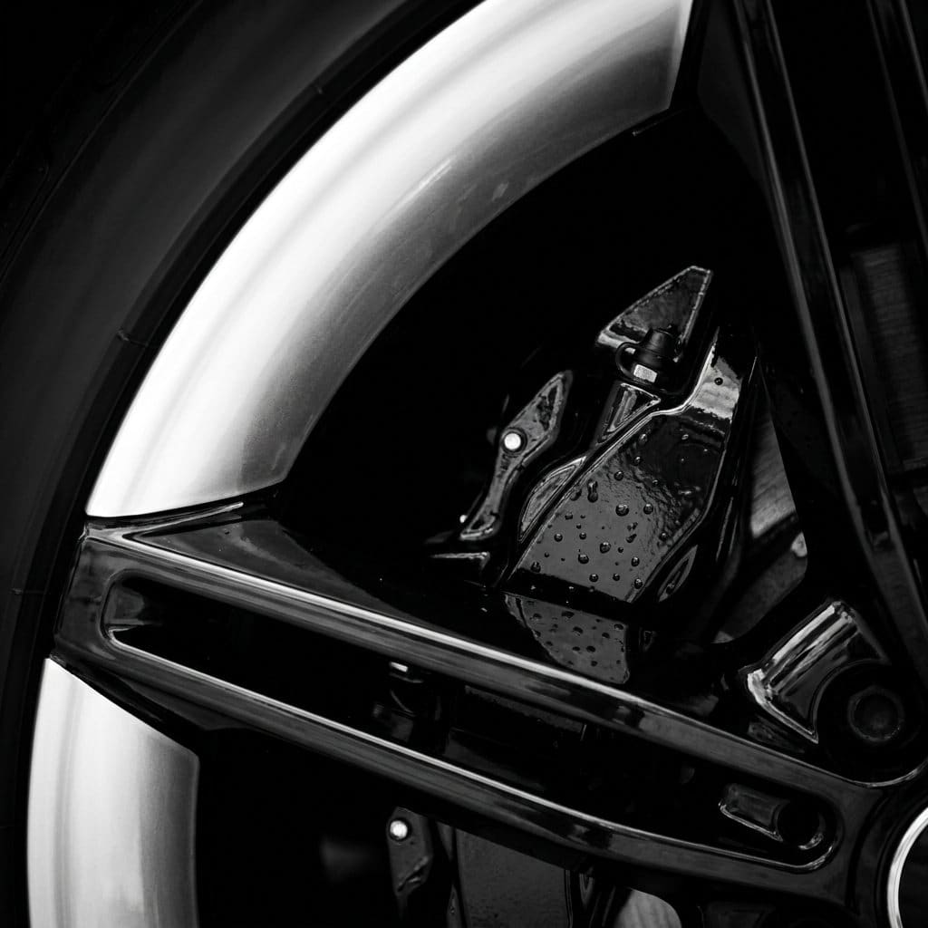 Jante noire polie après detailing, gouttes d'eau sur l'étrier