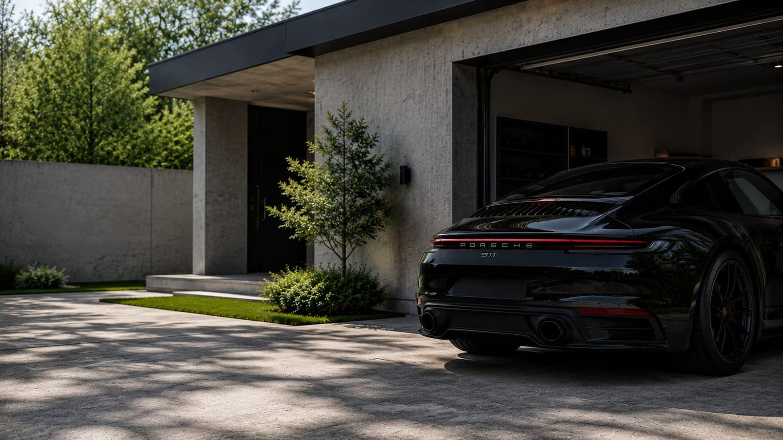 Porsche 911 noire fraîchement détaillée devant une villa moderne, prête à être restituée à domicile