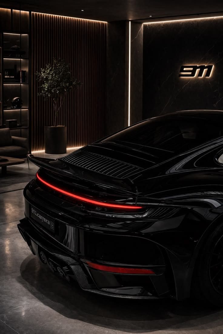 Porsche 911 noire exposée dans un showroom sombre, reflets profonds